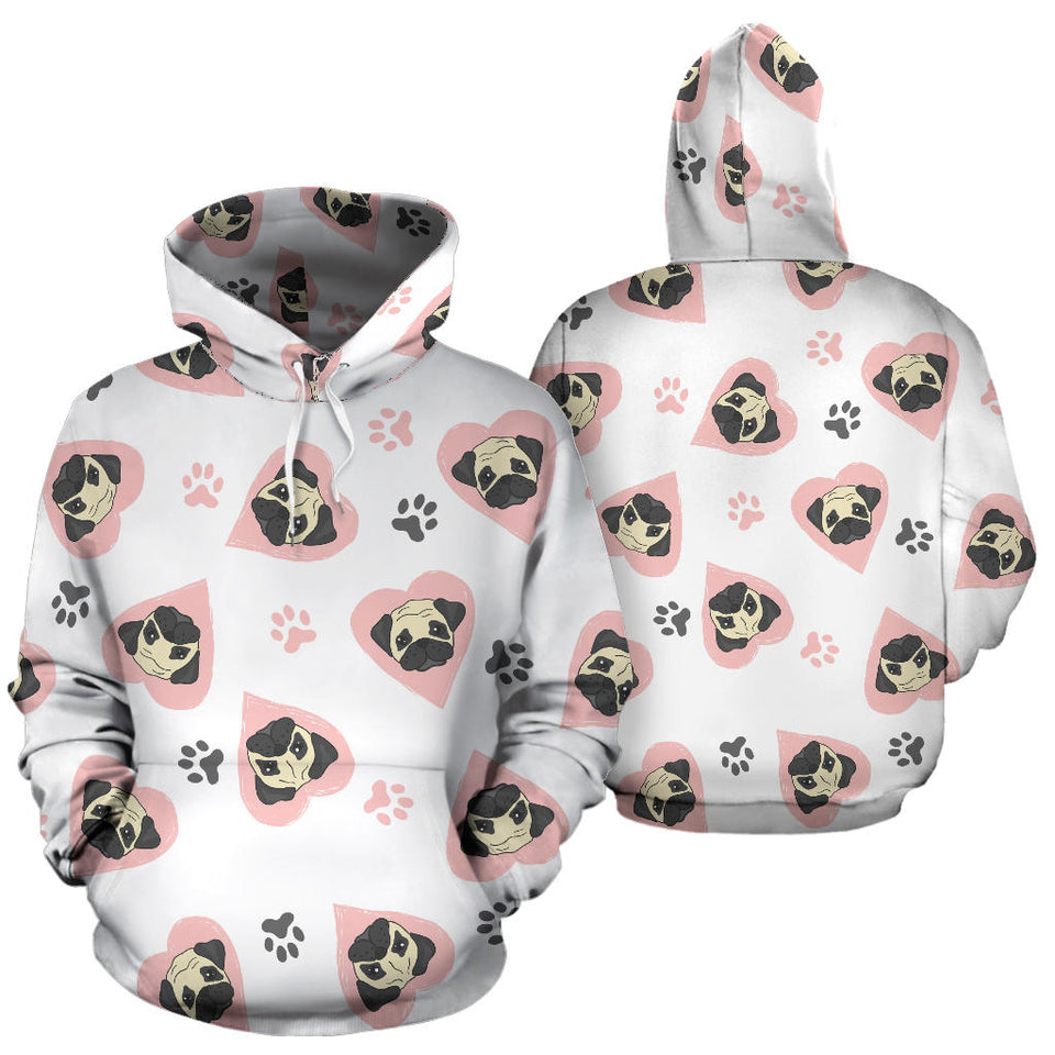 Cute Pugs Pink Heart Paw Pattern Men Women Pullover Hoodie