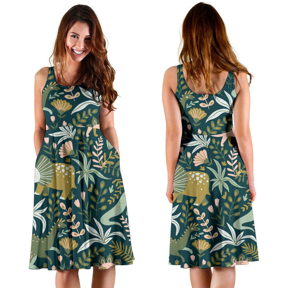 Dinosaurs Tropical Leaves Flower Pattern Sleeveless Midi Dress