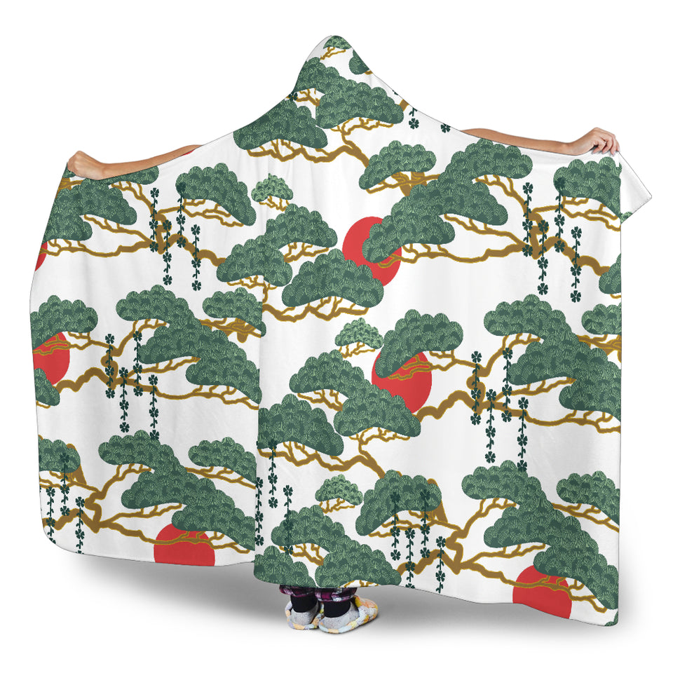 Bonsai Red Sun Japanese Pattern Hooded Blanket