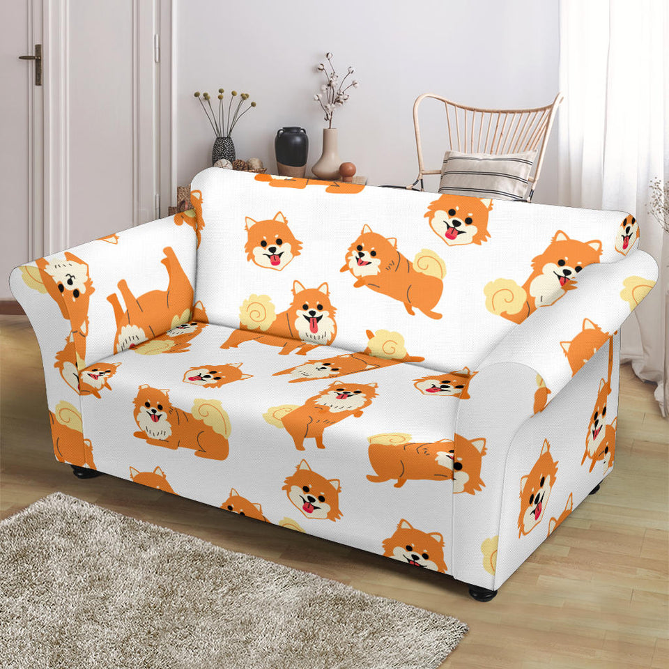 Brown Pomeranian Pattern Loveseat Couch Slipcover