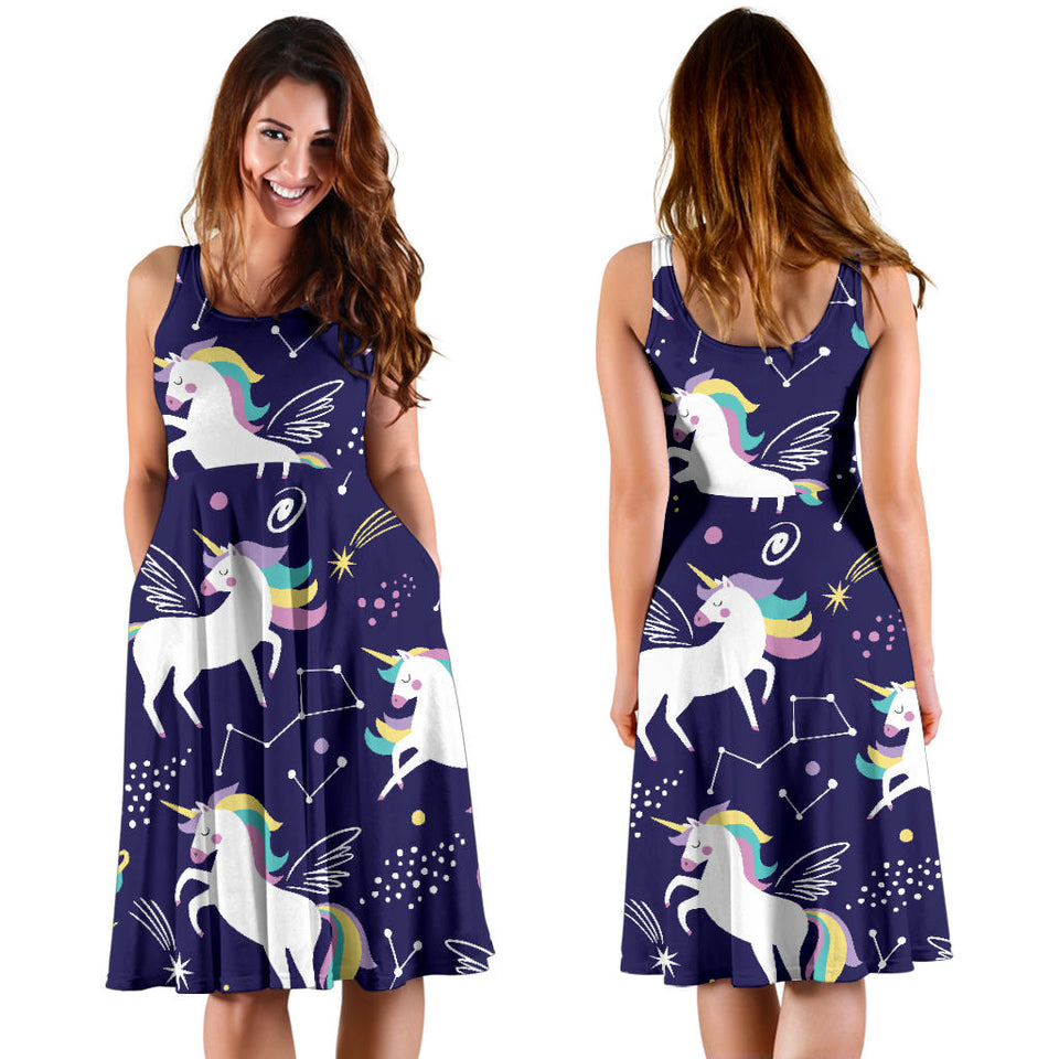 Hand Drawn Cute Unicorn Star Planet Sleeveless Midi Dress