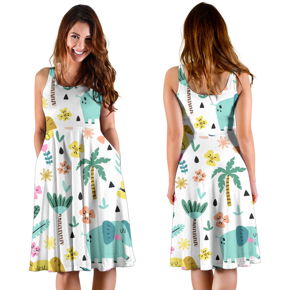 Cute Elephants Palm Tree Flower Butterfly Pattern Sleeveless Midi Dress