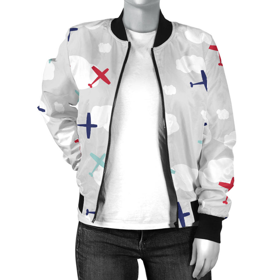 Airplane Cloud Grey Background Women'S Bomber Jacket
