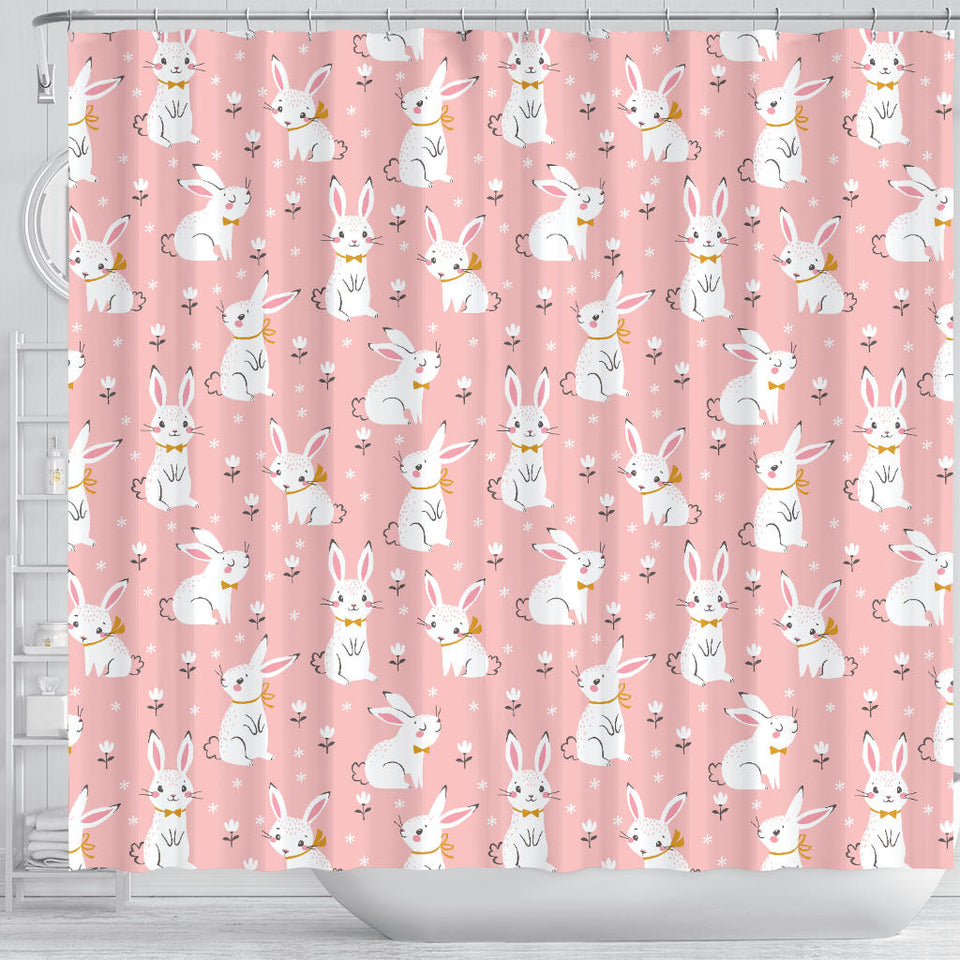 Cute White Rabbit Flower Pink Background Shower Curtain Fulfilled In US