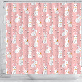 Cute White Rabbit Flower Pink Background Shower Curtain Fulfilled In US