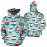 Red White Sailboat Wave Background Zip Up Hoodie