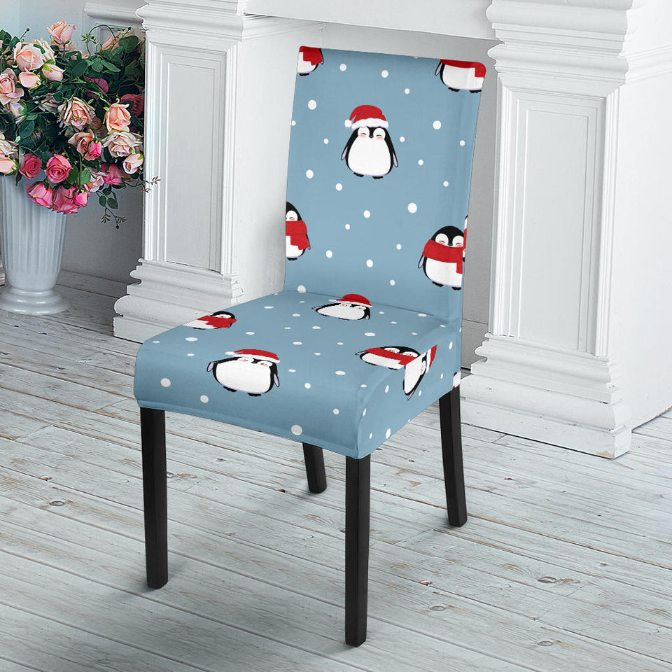 Cute Penguin Christmas Snow Pattern Dining Chair Slipcover