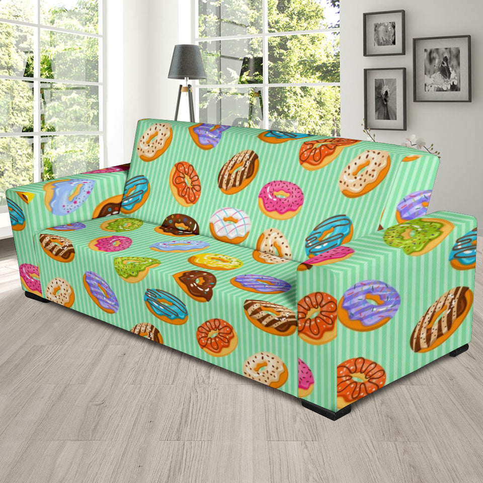 Colorful Donut Pattern Green Background Sofa Slipcover