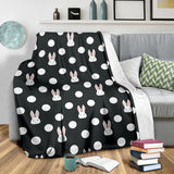 Cute White Rabbit Polka Dots Black Background Premium Blanket