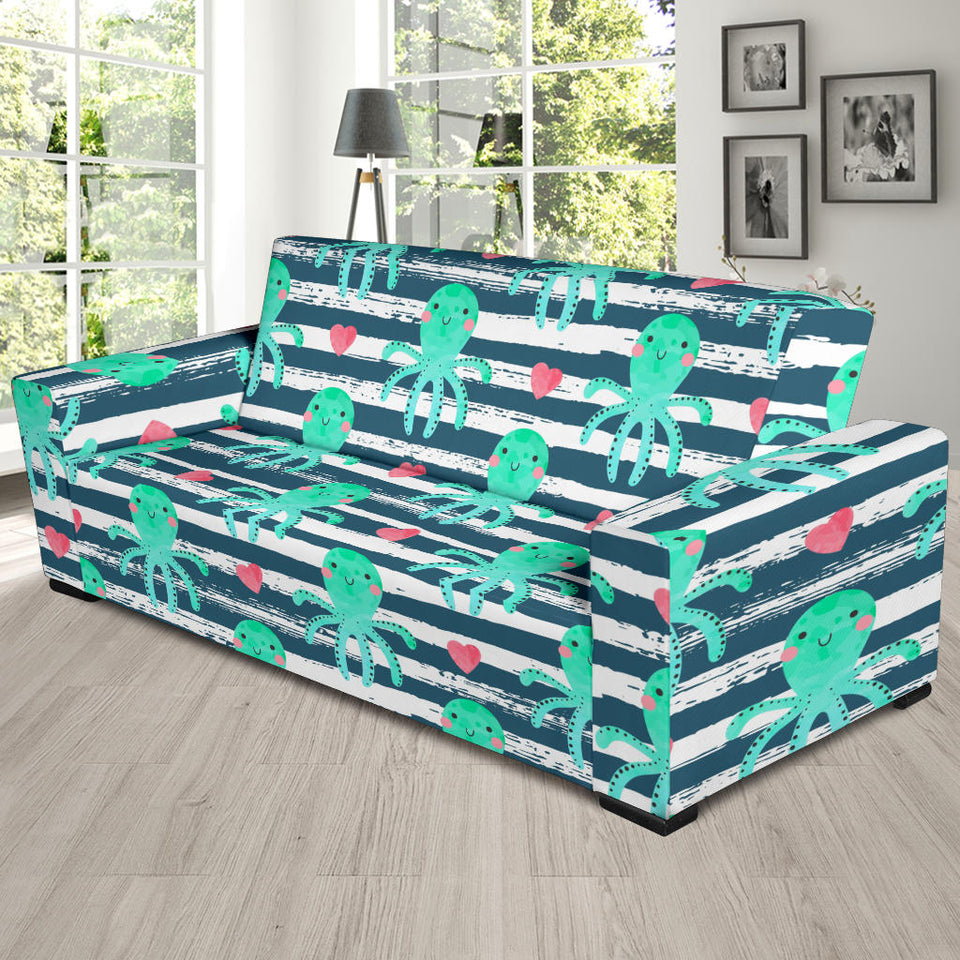 Cute Octopuses Heart Striped Background Sofa Slipcover