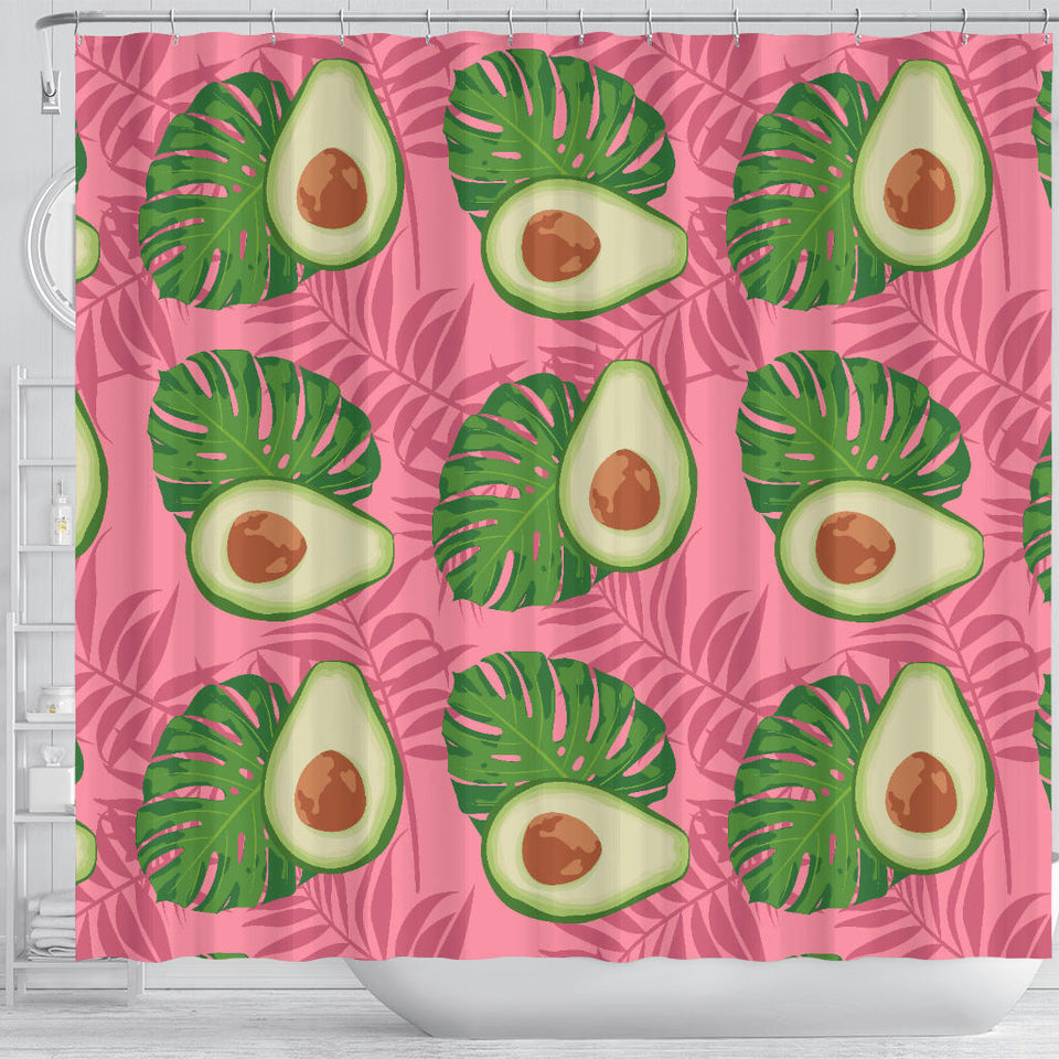 Avocado Slices Leaves Pink Back Ground Shower Curtain Fulfilled In US