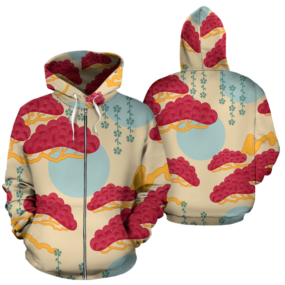 Red Bonsai Gray Sun Japanese Pattern Zip Up Hoodie