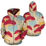Red Bonsai Gray Sun Japanese Pattern Zip Up Hoodie