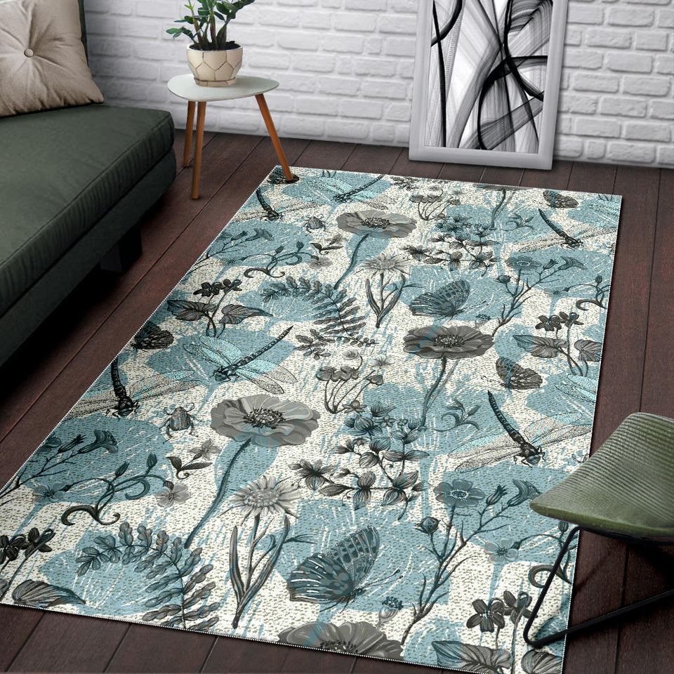 Dragonfly Butterfly Plants Insect Flower Vintage Style Pattern Area Rug
