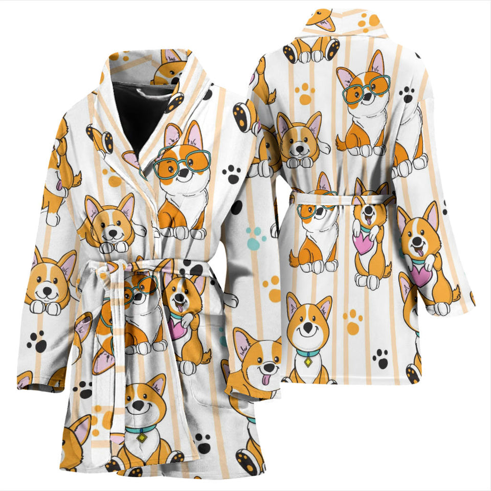 Cute Dog Corgi Striped Background Pattern Women'S Bathrobe