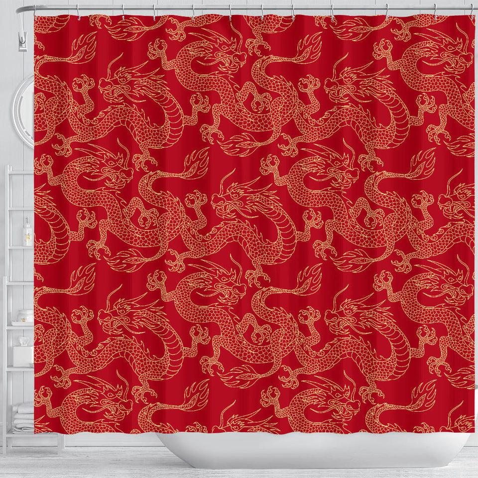 Gold Dragons Red Background Shower Curtain Fulfilled In US