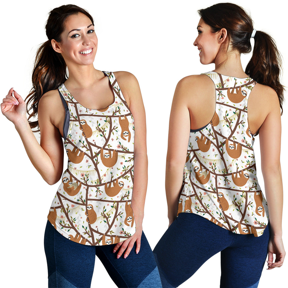 Sloths hanging on the tree pattern Women Racerback Tank Top