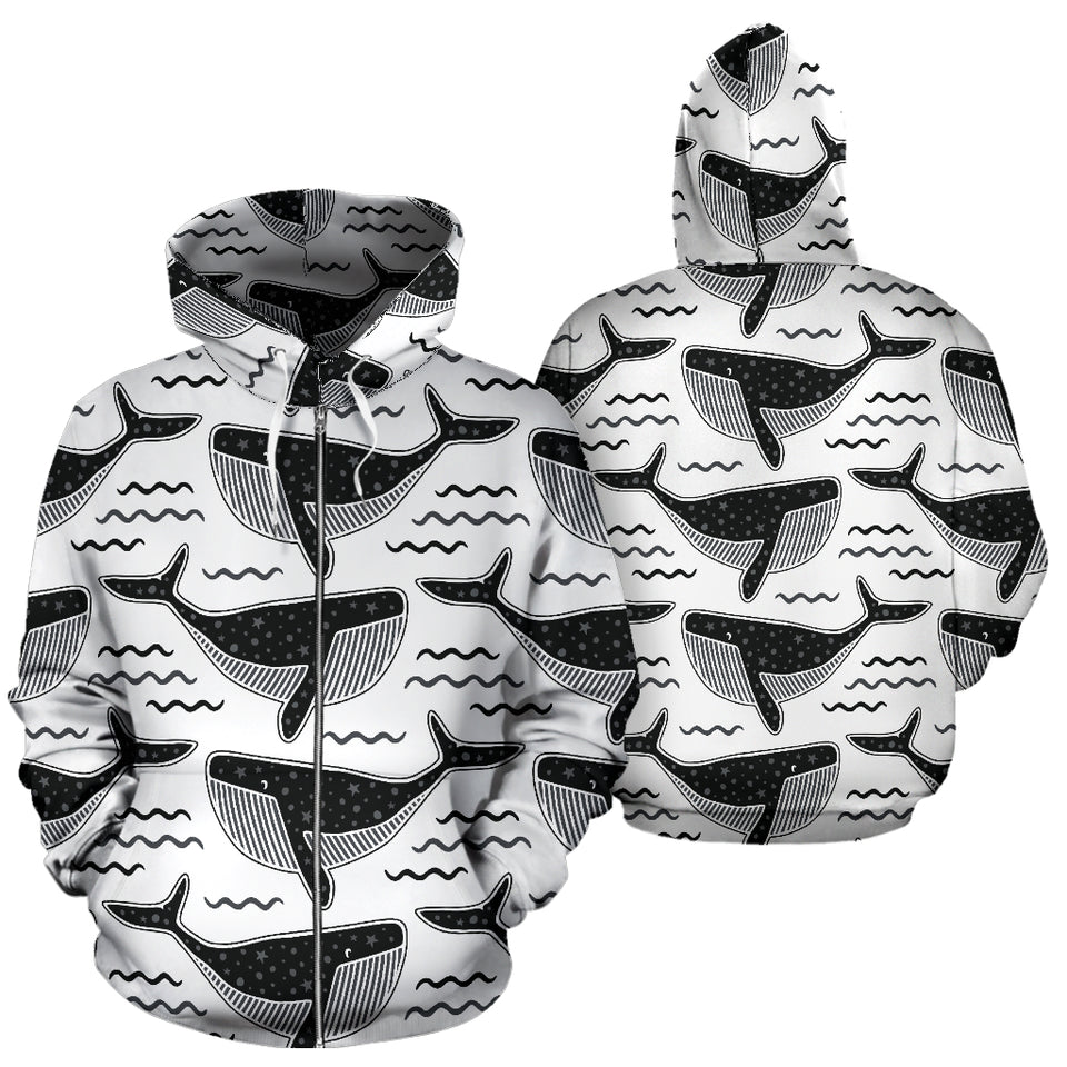 Black Whale Pattern Zip Up Hoodie