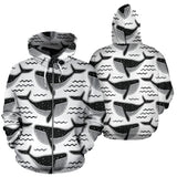 Black Whale Pattern Zip Up Hoodie