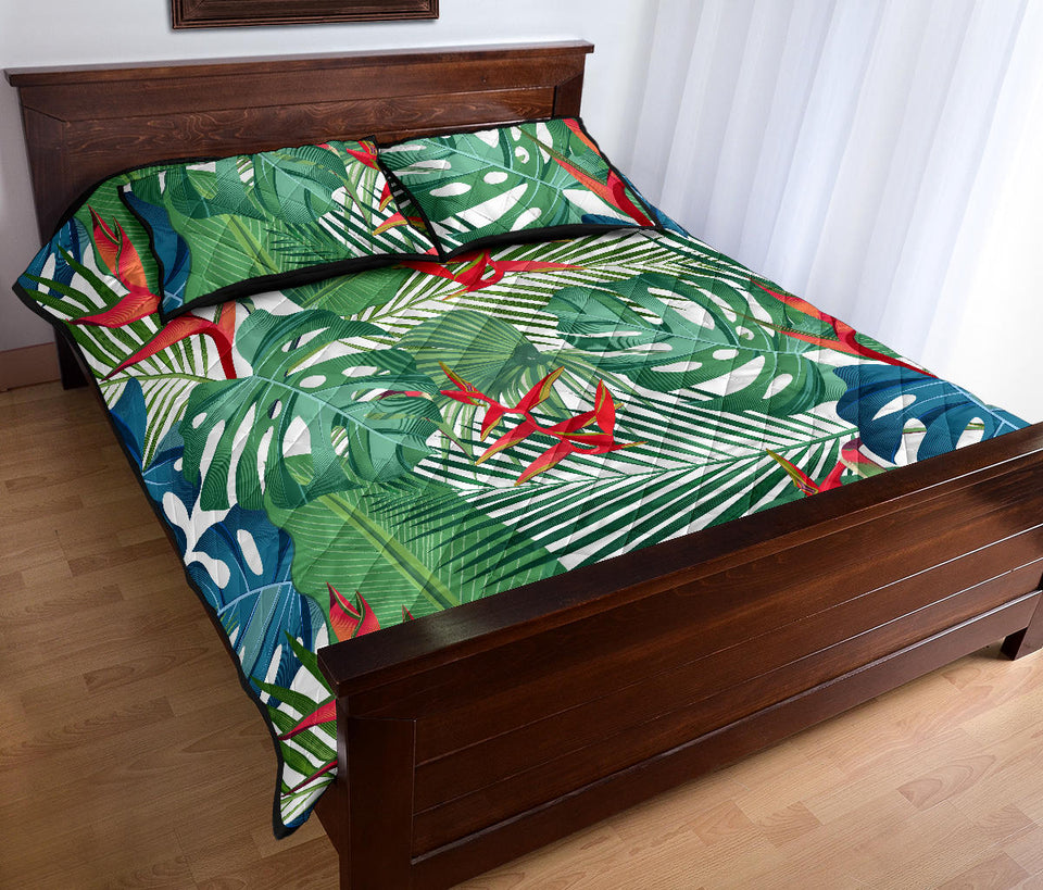 heliconia palm and monstera  leaves pattern Quilt Bed Set