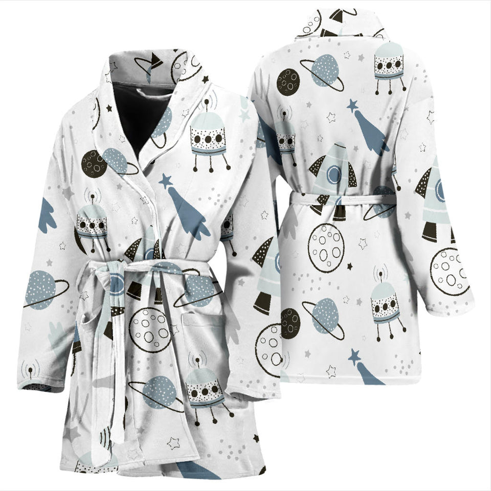 Hand Drawn Space Elements Space Rocket Star Planet Space Probe Women'S Bathrobe