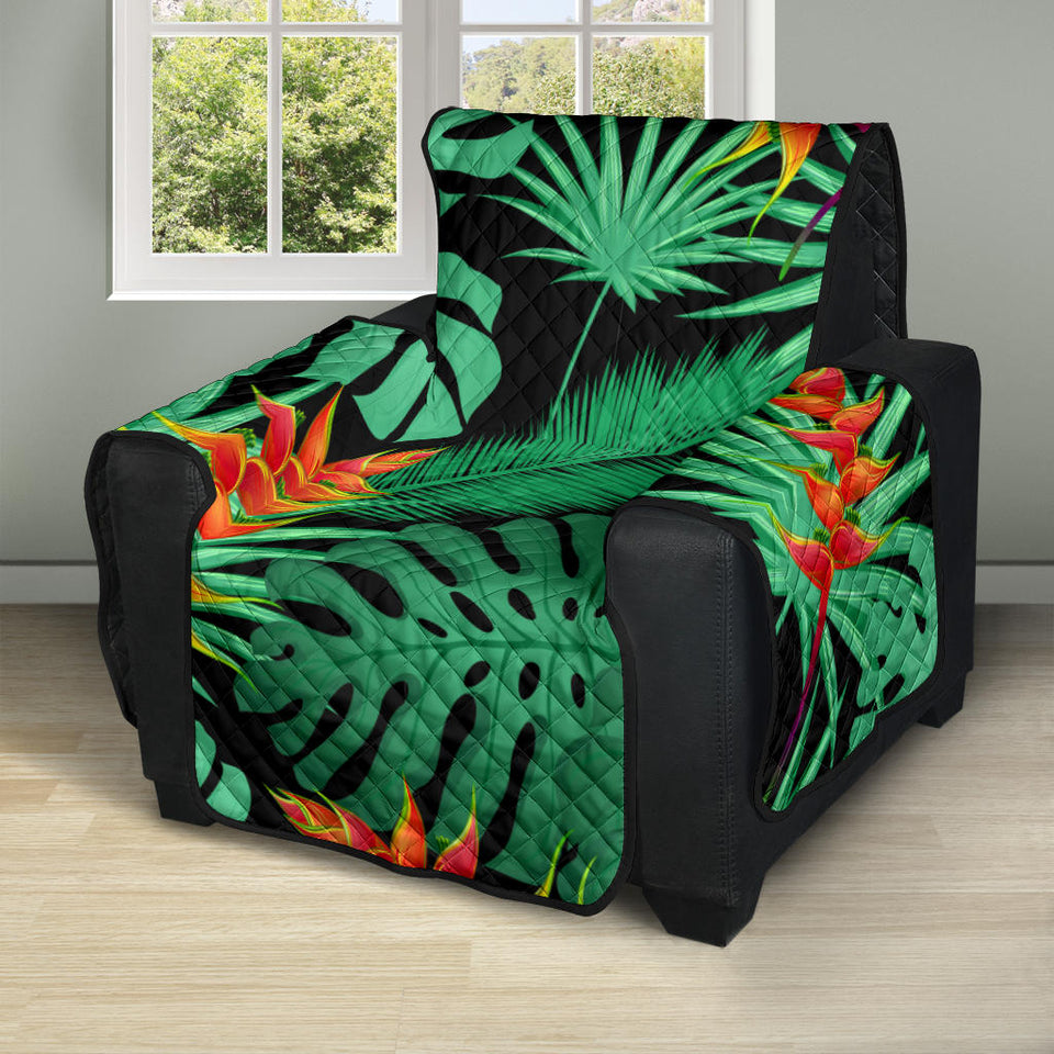 heliconia flower palm monstera leaves black background Recliner Cover Protector