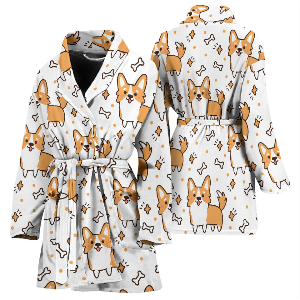 Cute Corgi Heart Star Bone Pattern Women'S Bathrobe