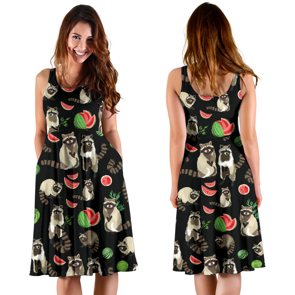 Raccoon Watermelon Pattern Sleeveless Midi Dress