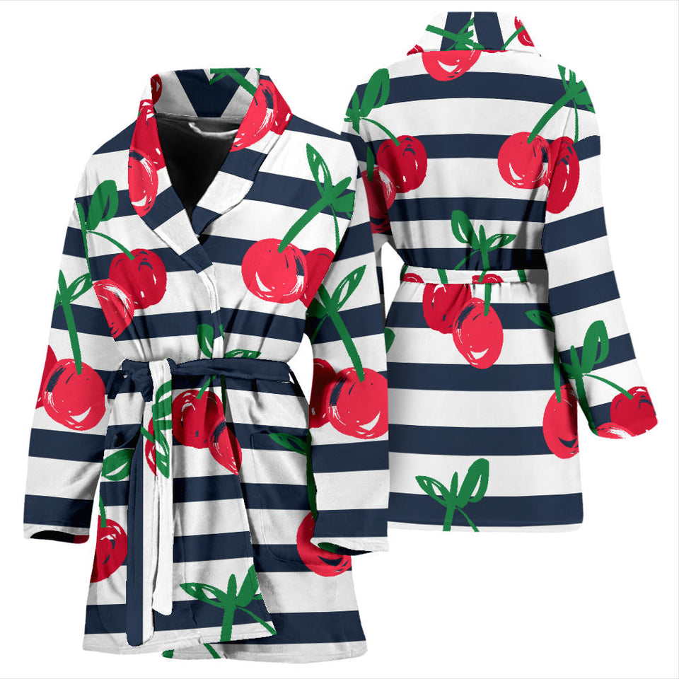 Hand Drawn Cherry Pattern Striped Background Women'S Bathrobe