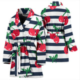 Hand Drawn Cherry Pattern Striped Background Women'S Bathrobe