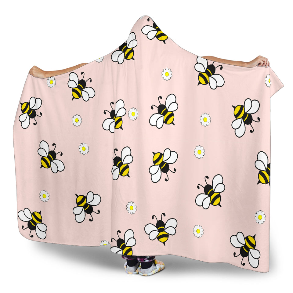 Cute Bee Flower Pattern Pink Background Hooded Blanket