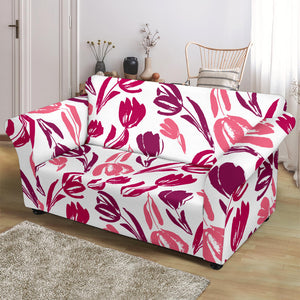 Pink Sketch Tulip Pattern Loveseat Couch Slipcover