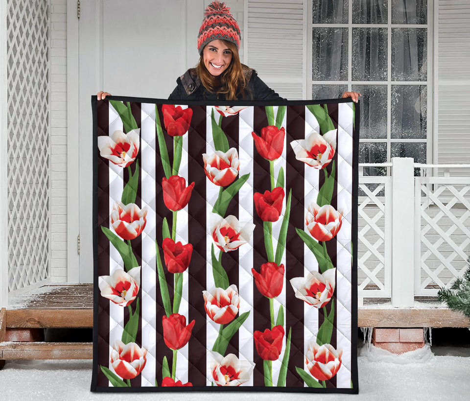 Red And White Tulips Pattern Premium Quilt