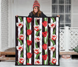 Red And White Tulips Pattern Premium Quilt