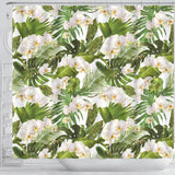 White Orchid Flower Tropical Leaves Pattern Shower Curtain Fulfilled In US
