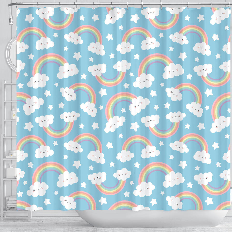 Cute Rainbow Clound Star Pattern Blue Background Shower Curtain Fulfilled In US