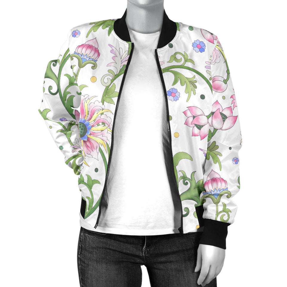 Beautiful Pink Lotus Waterlily Leaves Pattern Women'S Bomber Jacket