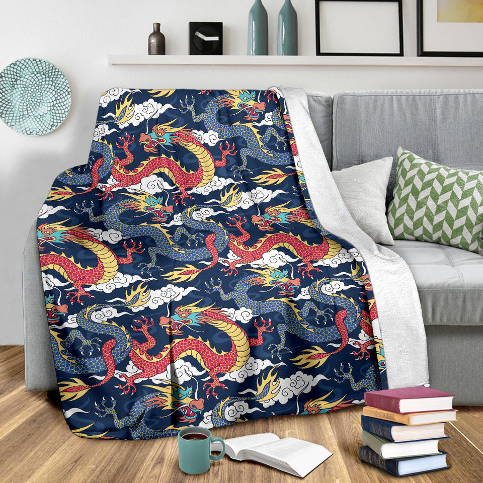 Blue Red Dragon Cloud Pattern Premium Blanket