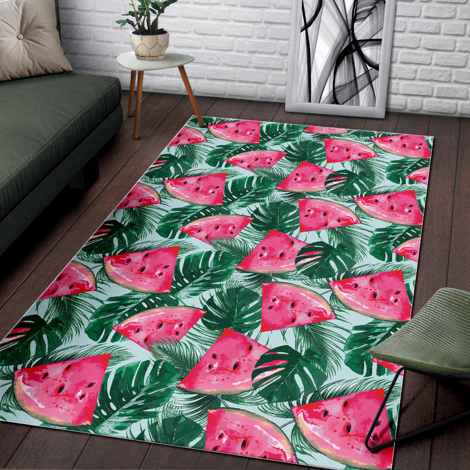 Watermelons Tropical Palm Leaves Pattern Area Rug