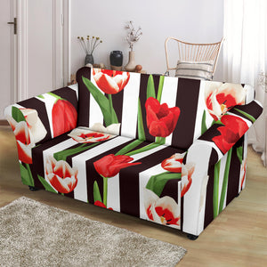 Red And White Tulips Pattern Loveseat Couch Slipcover