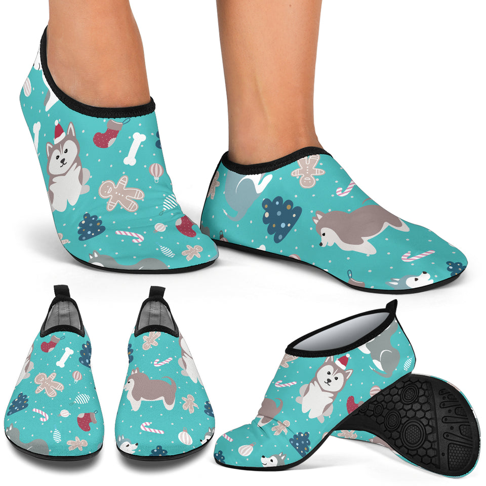 Christmas Cute Siberian Husky Puppie Pattern Aqua Shoes