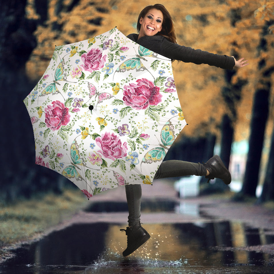 Hand Drawn Butterfly Rose Umbrella