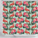 Beautiful Flamingo Tropical Palm Leaves Hibiscus Pateern Background Shower Curtain Fulfilled In US