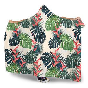 Heliconia Flowers, Palm And Monstera Leaves Hooded Blanket