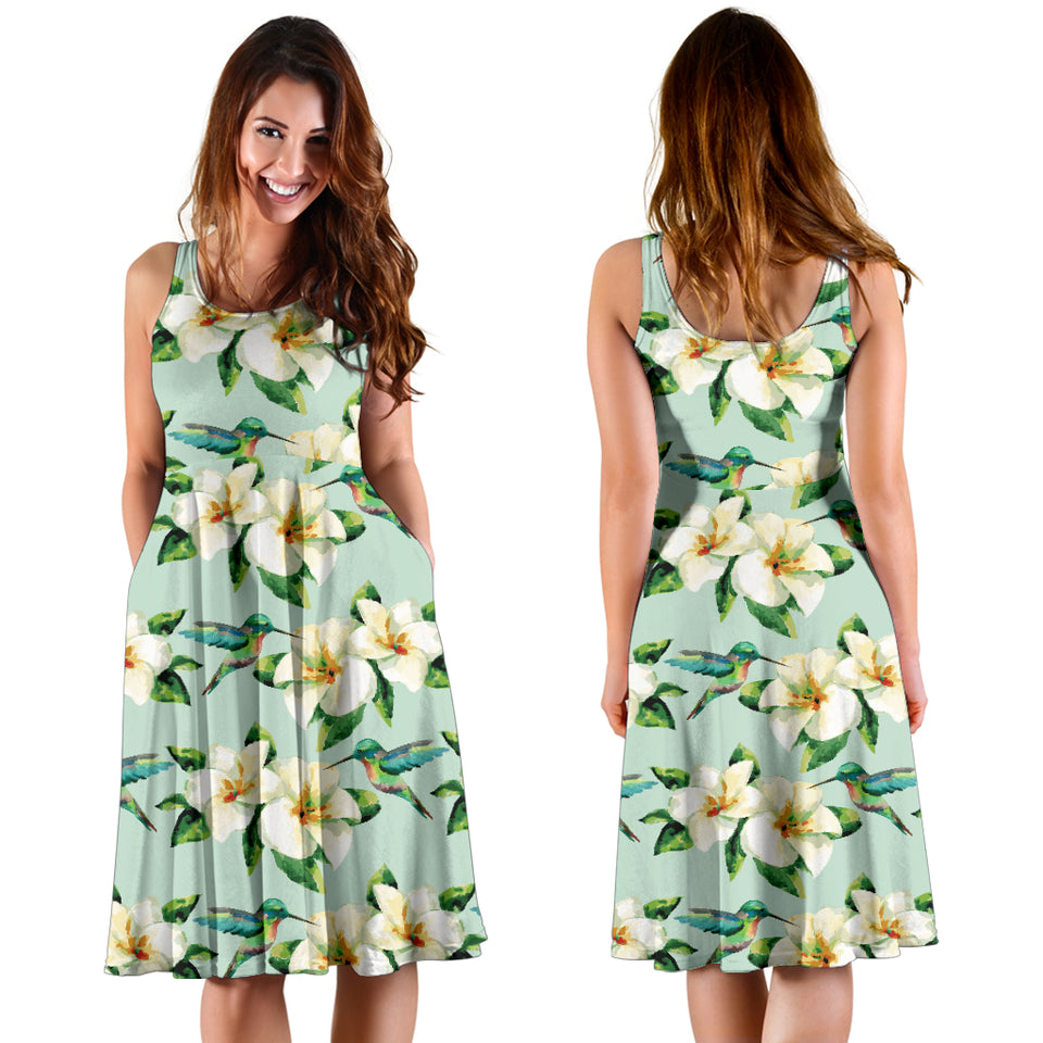 Hummingbird Pattern Print Design 01 Sleeveless Midi Dress