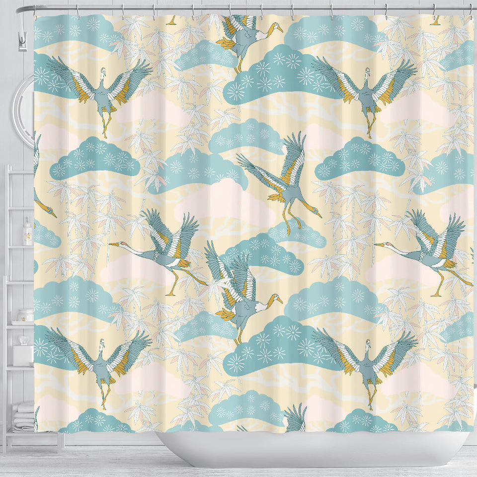 Bonsai Bamboo Stork Japanese Pattern Cream Theme Shower Curtain Fulfilled In US