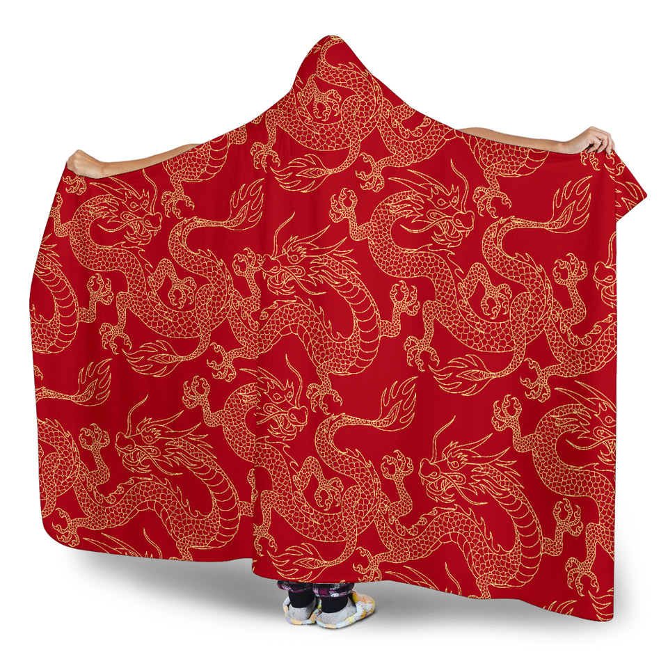 Gold Dragons Red Background Hooded Blanket