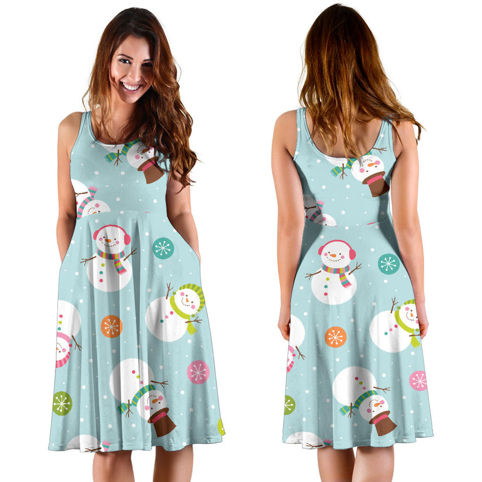 Cute Snowman Snowflake Pattern Sleeveless Midi Dress