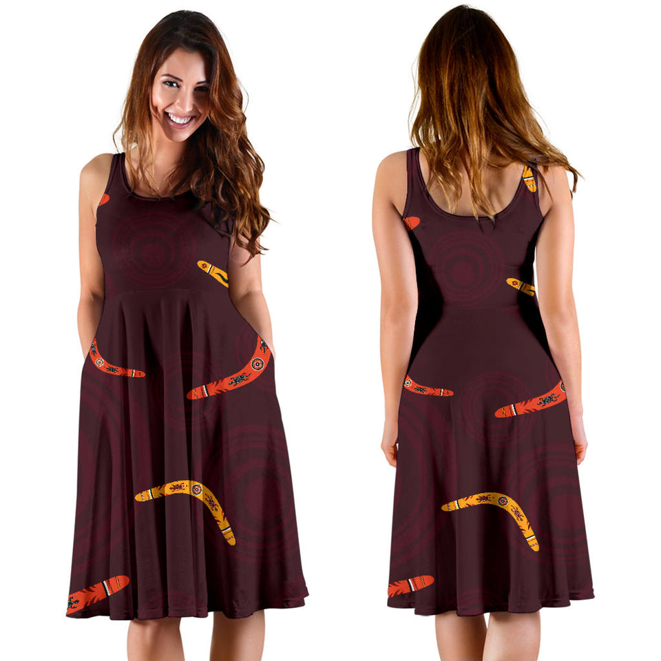 Boomerang Australian Aboriginal Ornament Circle Black Background Sleeveless Midi Dress