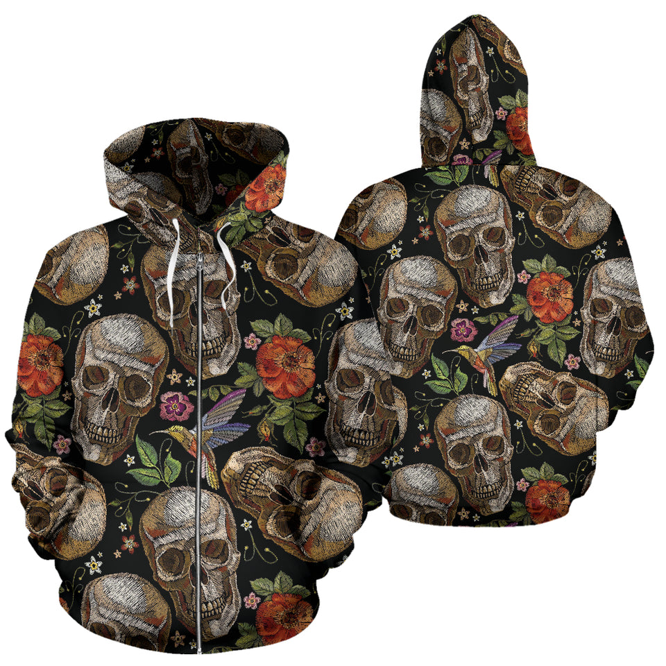 Skull Rose Humming Bird Flower Pattern Zip Up Hoodie